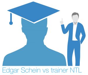 Een tekening van professor Edgar Schein tegenover een trainer van NTL